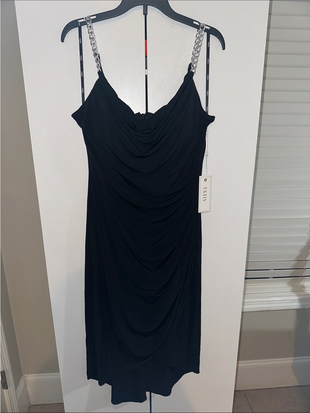 Siena Sz 2 Chain-Strap Black Draped Midi Dress